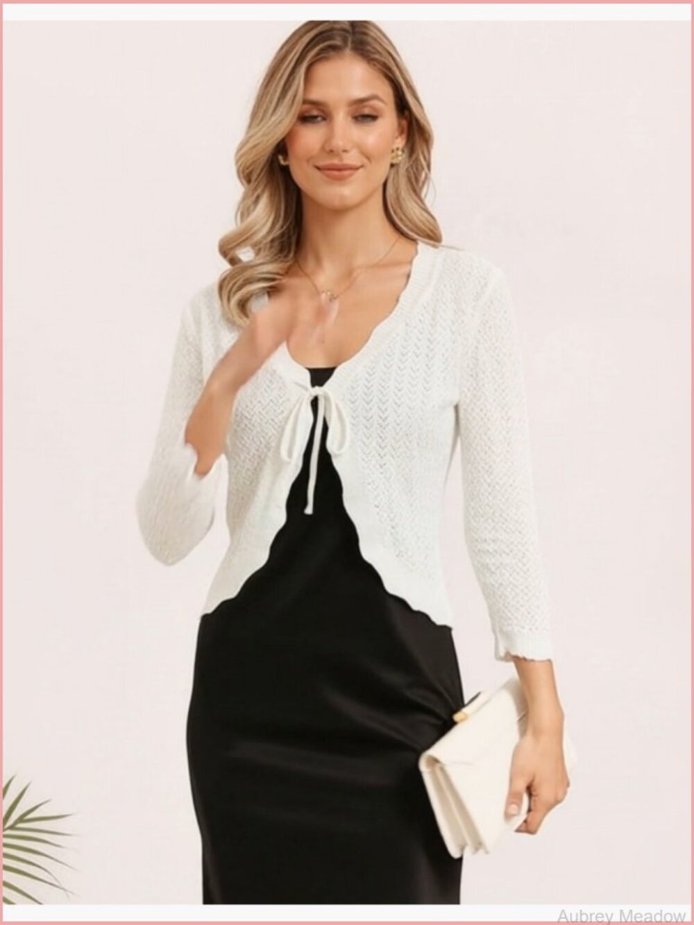 Crochet Tie Front Cardigan Bolero Shrug 3/4 Sleeve - Picture 6 of 7